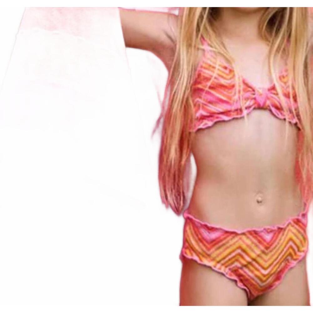 NEW PQ SWIM girls' cayenne lettuce edge bikini set in pink multi
